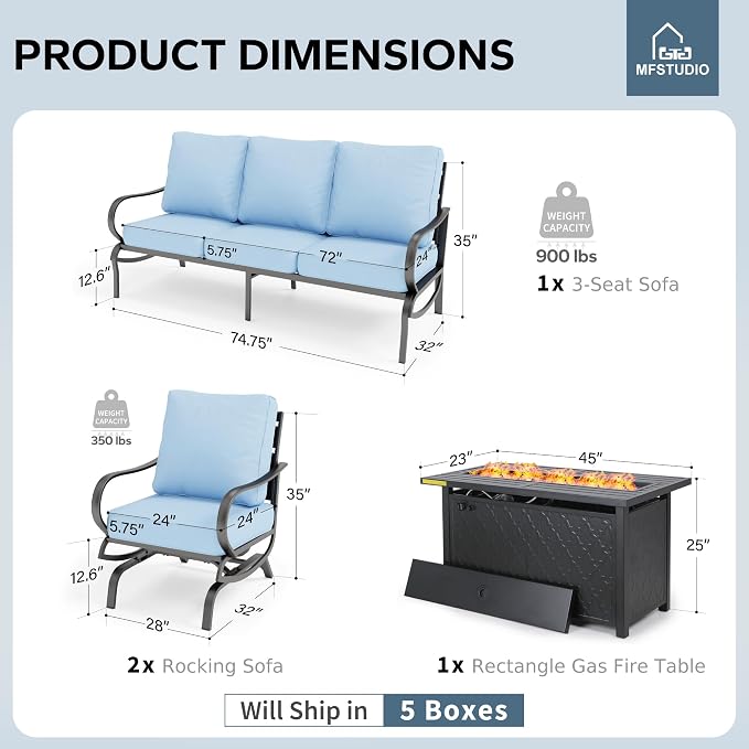 MFSTUDIO 4 Pieces Patio Conversation Sets, All Weather Metal Frame Outdoor Furniture Set Patio Sofas with 1 x 45 Rectangular Propane Fire Table, 1 x 3-Seat Sofa, 2 x Rocking Chairs, Blue Cushion