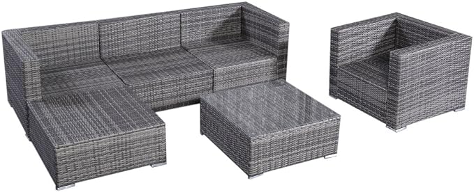 Tangkula Patio Furniture Set 6 Piece Outdoor Lawn Backyard Poolside All Weather PE Wicker Rattan Steel Frame Sectional Cushioned Seat Sofa Conversation Set (Gradient Gray with Black Cushion Cover)