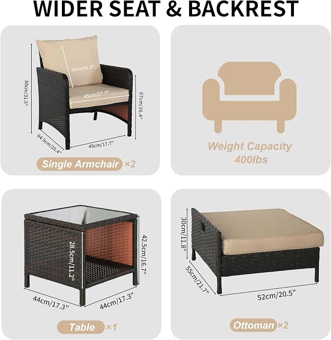 5 Piece PE Wicker Patio Furniture Set, Outdoor Conversation Chairs with Pull Out Hidden Ottoman, Soft Cushions & Glass Coffee Table, Wicker Bistro Set for Porch, Garden, Balcony, Poolside (Brown)