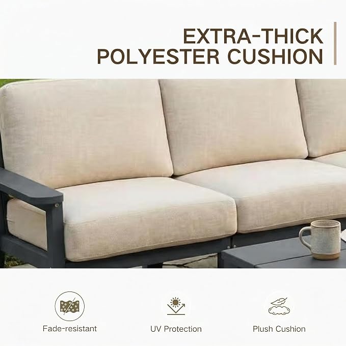 Kingdura HDPE Patio Furniture Set, 4 Piece Outdoor Sectional Sofa with Coffee Table, All Weather Outdoor Couch Conversation Set with Washable Cushions for Backyard Poolside Balcony