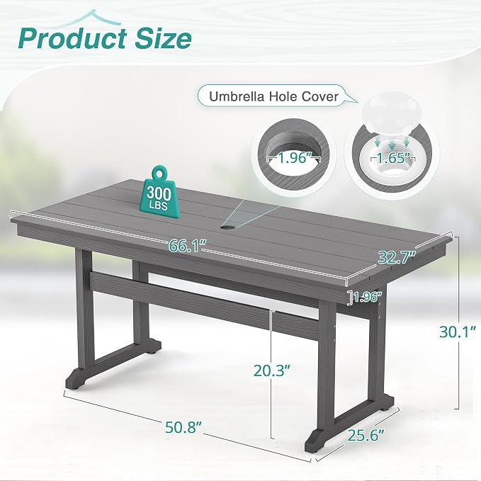 Rectangle Outdoor Dining Tables for 6, HDPS Weather Resistant Patio Dining Table, 66" Outdoor Tables with 1.96" Umbrella Hole for Porch, Balcony, Backyard, Grey