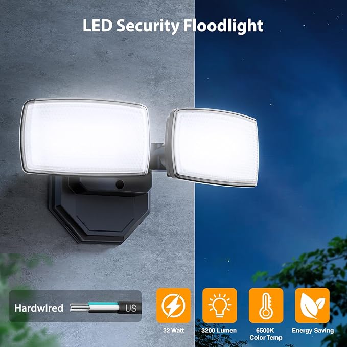 Onforu 3200LM Flood Lights Outdoor, 32W 6500K LED Security Light Switch Controlled, IP66 Waterproof Outdoor Lights, Wall Mount Exterior Flood Light with 2 Adjustable Heads Floodlights Outside