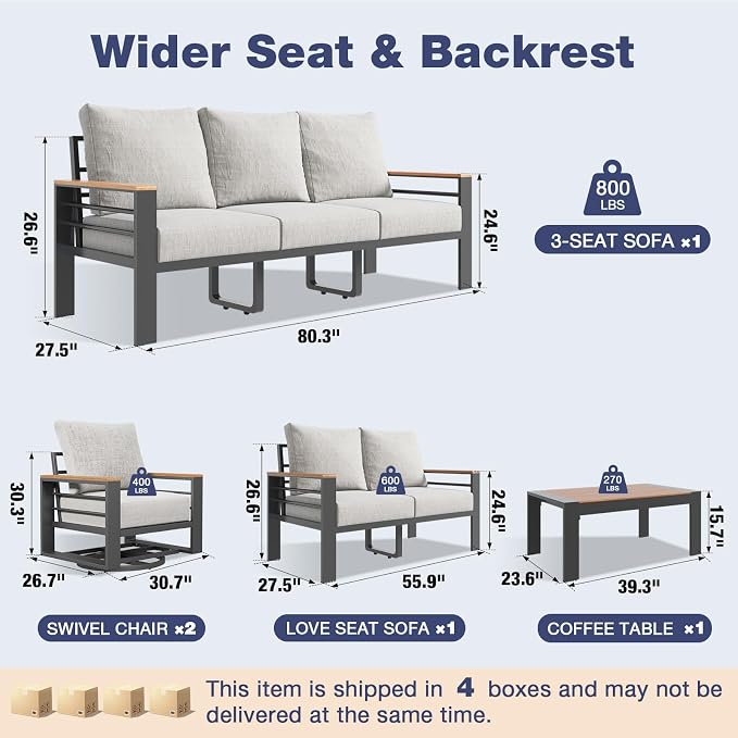Aoxun Aluminum Patio Furniture Set 7 Seats with Rocking Chair, Oversized Outdoor Sectional with Washable Thick Cushions, Coffee Table, Patio Conversation Sets for Porch, Balcony, Deck