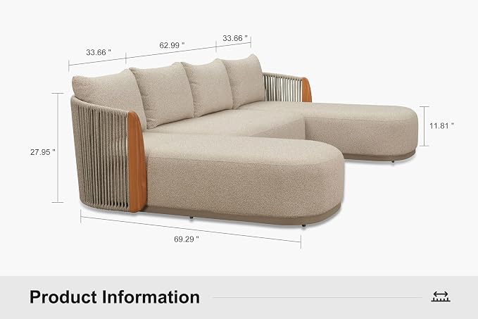 PURPLE LEAF Patio Furniture Set 3 Pieces Patio Seating Sofas Furniture Outdoor Couch Sectional Set with Armchair Genuine Teak Olefin Fabric 9" Thick Backrest Patio Conversation Sets