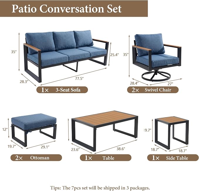Aluminum Patio Conversation Set with Swivel Rocking Chairs, 7 Pieces Oversized Outdoor Sectional Furniture with Thick Cushions for Porch, Balcony, Yard