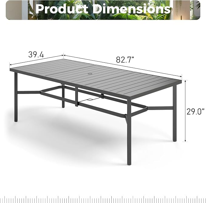 MIXPATIO Outdoor Patio Dining Table for 8, 83" x 39" Rectangular Metal Patio Dining Table with 1.7" Umbrella Hole, All Weather Wrought Iron Black Outdoor Table for Garden, Backyard and Porch