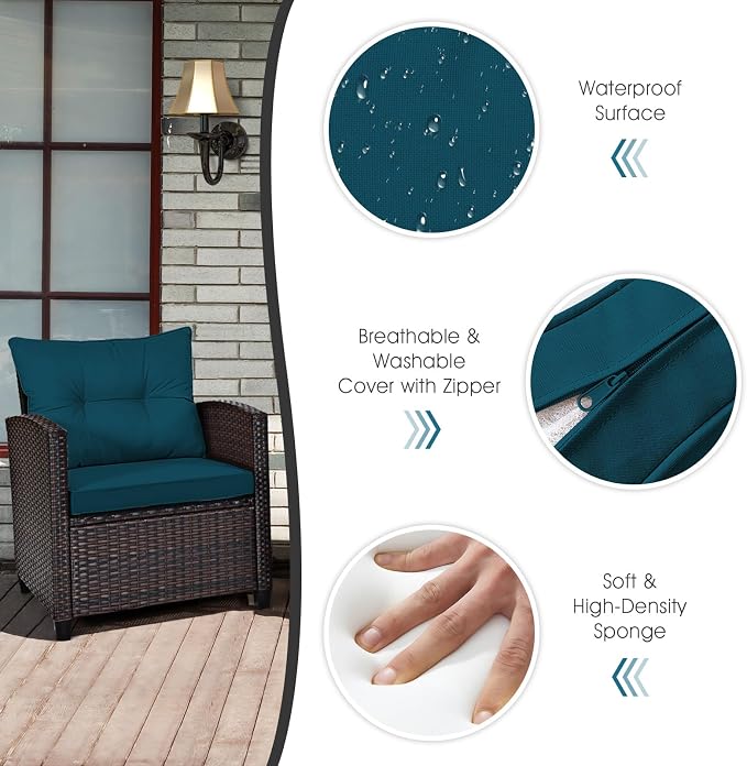 3-Pieces Patio Furniture Set, PE Wicker Chairs Sofa Set with Removable Cushions & Glass Top Side Table, Outdoor Wicker Rattan Conversation Chair for Porch,Backyard, Balcony (Peacock Blue)