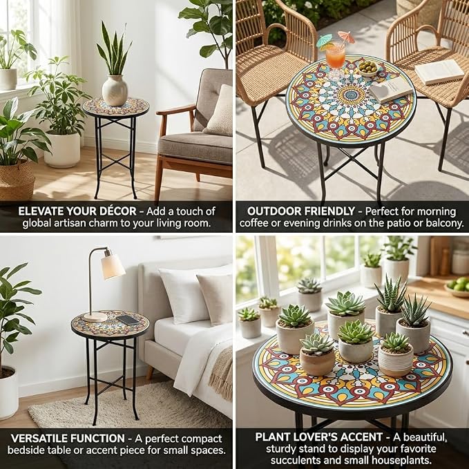 Mosaic Outdoor Side Table Small Round Patio Table Plant Stand | 21" Accent End Table with 14" Ceramic Tile Top for Small Spaces Porch Pool Garden Decor Indoor Living Room Bedroom Balcony