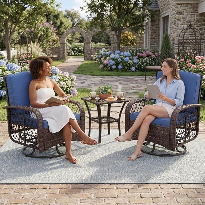 GarveeLife 3 Piece Swivel Wicker Patio Furniture Set, Outdoor Rattan Swivel Chairs with Side Table, All-Weather Conversation Set for Patio, Deck or Backyard, Brown Gradient Wicker with Blue Cushions