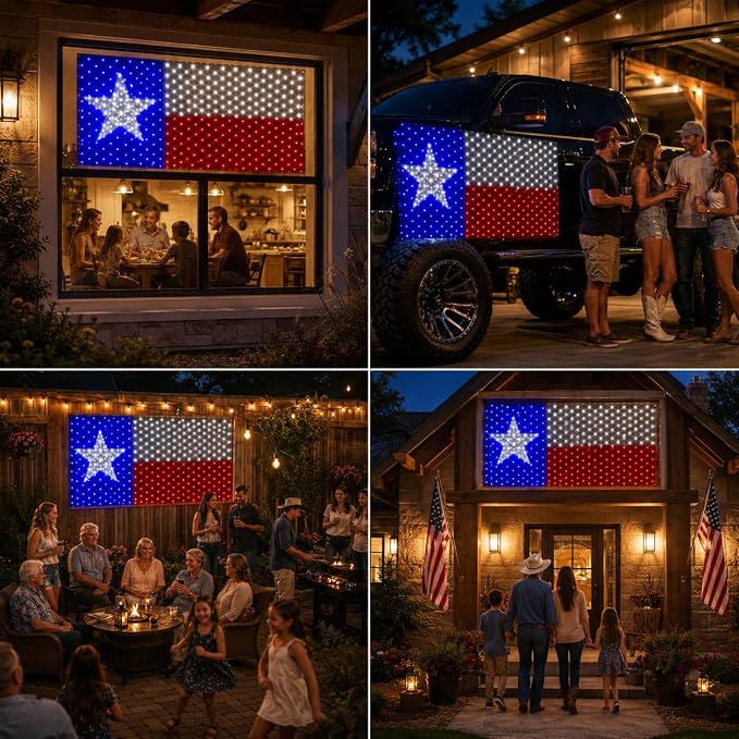Leisure world Texas Flag Lights 384 Super Bright LED Lighted Texas Flags, Waterproof Net Lights Decoration for 250th Anniversary, Independence Day (July 4th), Memorial Day, Christmas & Holiday Party