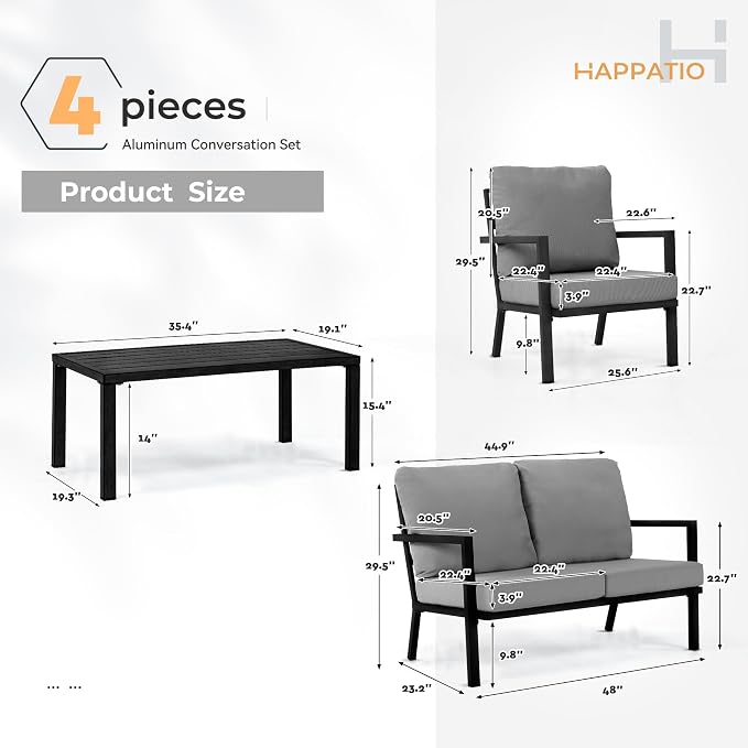 HAPPATIO Aluminum Patio Furniture Set, 4 Pieces Conversation Set with Thick Cushions and Coffee Table, All Weather Loveseat Waterproof and Rustproof for Garden, Backyard, Porch, Black