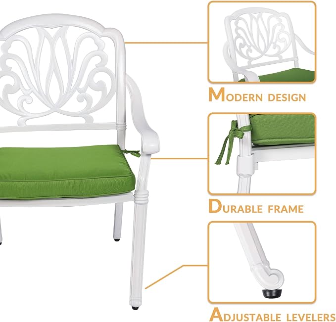 3-Piece Outdoor Patio Dining Set, All-Weather Cast Aluminum Patio Furniture Set for Backyard Garden Deck with 2 Cushioned Chairs and 35.4” Round Table, 2" Umbrella Hole, White
