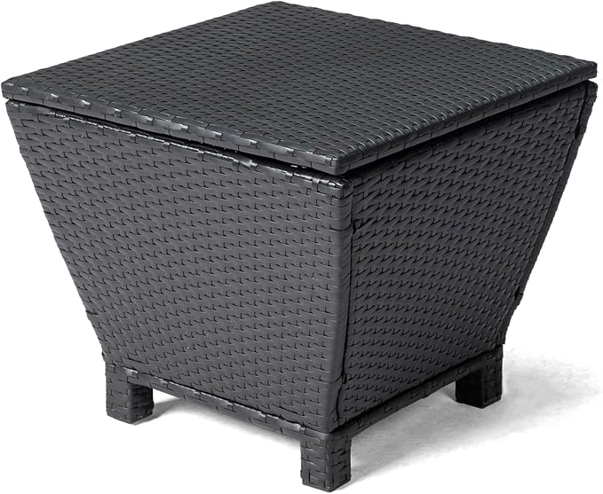 20in Outdoor PE Wicker Side Table,Trapezoidal Patio Rattan End Table,Outside Storage Bin Container,All-Weather Small Storage Box Tables,with Lid,for Garden Porch Poolside Deck Backyard (Black)