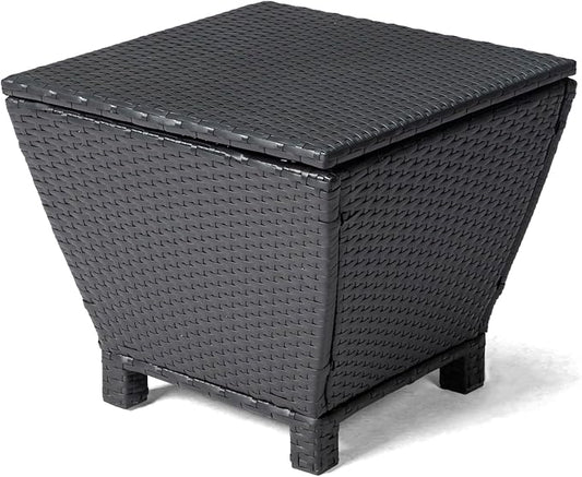20in Outdoor PE Wicker Side Table,Trapezoidal Patio Rattan End Table,Outside Storage Bin Container,All-Weather Small Storage Box Tables,with Lid,for Garden Porch Poolside Deck Backyard (Black)