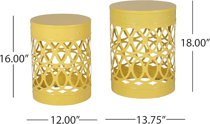 Set of 2 Yellow Metal Outdoor Side Tables, Round Patio End Tables, Weather Resistant Accent Stools, Geometric Cutout Design, Indoor & Outdoor Decorative Tables for Garden, Balcony, Living Room
