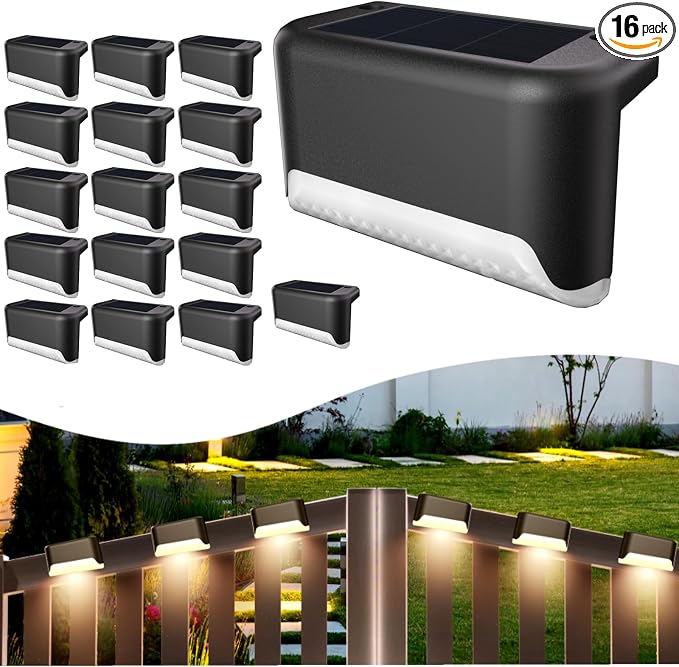 BKBB PPBB Solar Deck Lights Outdoor, 16 Pcs Solar Step Lights, Waterproof LED Solar Lights for Outdoor Stairs, Step, Fence, Yard, Patio, Railing, Garden and Pathway
