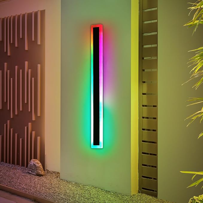57inch Long LED Outdoor Wall Light, RGB Exterior Lighting Fixture, Dimmable Modern Wall Sconce, 10 Colors, IP65 Waterproof, Wall Mounted Lamps for Porch, Garage, Yard, with Remote Control