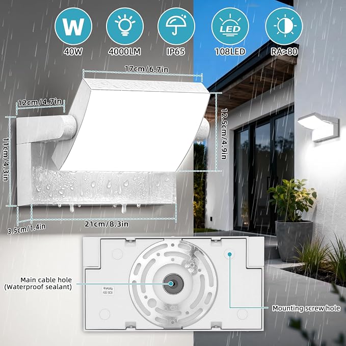 40W LED Flood Lights Outdoor LED Sconce Waterproof 350°Rotation White Exterior Lighting Fixture 6000K for Barn Yard Garage Building Area Backyard