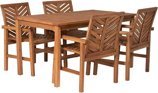 Walker Edison 4 Person Outdoor Wood Chevron Patio Furniture Dining Set Table Chairs All Weather Backyard Conversation Garden Poolside Balcony, 5 Piece, Brown