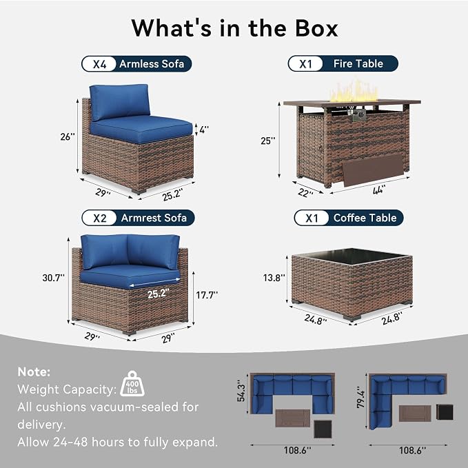 LazySunsets 8 Piece Outdoor Patio Furniture Set with 44'' Fire Pit Table, Outdoor Patio Furniture Set with 4'' Thicken Cushion, Wicker Rattan Outdoor Conversation Set for Backyard & Garden, Blue