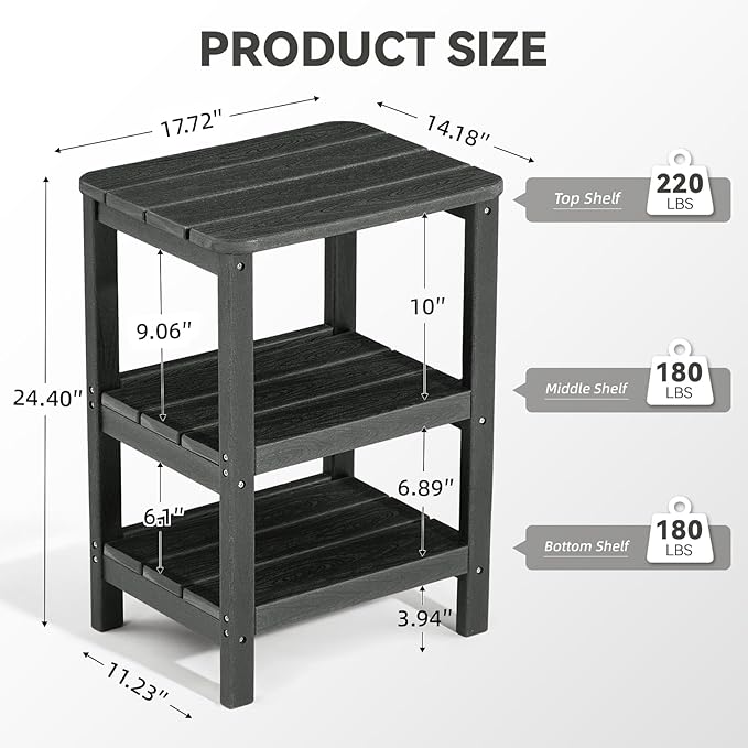 3 Tier Outdoor Side Table Adirondack Side Table HDPE End Table Patio Side Table Rectangle Tables for Outdoor Backyard Garden Balcony (Retro, Grey)