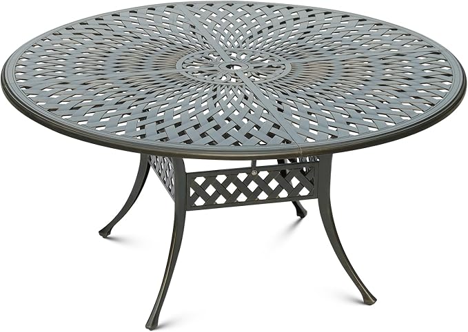 61" Large Outdoor Dining Table with 2" Umbrella Hole, Cast Aluminum Outdoor Patio Dining Table for 8 Person, All Weather Large Round Patio Table for Garden Lawn Backyard, Dark Bronze