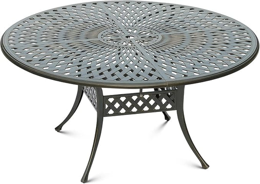 61" Large Outdoor Dining Table with 2" Umbrella Hole, Cast Aluminum Outdoor Patio Dining Table for 8 Person, All Weather Large Round Patio Table for Garden Lawn Backyard, Dark Bronze