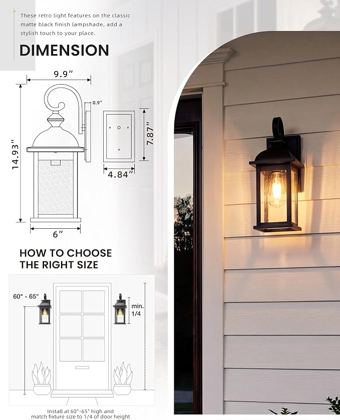 FEMILA Exterior Wall Sconce, 2 Packs Outdoor Waterproof Wall Lights Fixture, E26 Socket Wall Lantern for Porch, Anti-Rust Matte Black Finish with Seeded Glass Lampshade, 4FD54B-2PK BK