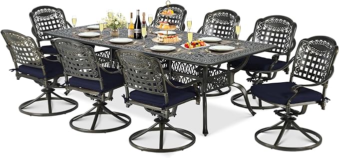9-Piece Patio Cast Aluminum Dining Set, Outdoor Table and Chairs Set for 8, Includes 94.5" Rectangular Dining Table and 8 Swivel Rocker Chairs with Umbrella Hole for Lawn Garden, Navy Blue
