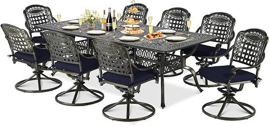 9-Piece Patio Cast Aluminum Dining Set, Outdoor Table and Chairs Set for 8, Includes 94.5" Rectangular Dining Table and 8 Swivel Rocker Chairs with Umbrella Hole for Lawn Garden, Navy Blue