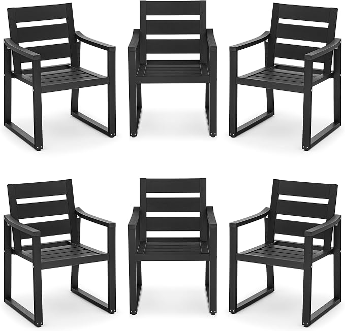 Cozyman HDPS Outdoor Dining Chairs Set of 6, 350LBS, Patio Dining Chairs with Armrest, All Weather Outdoor Kitchen Chairs with Square Frame Legs for Outdoor Indoor, Lawn, Garden, Backyard, Black