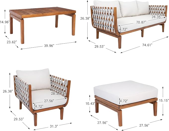 Merax 5 Piece Rope Woven Paito Conversation Set, Outdoor All-Weather Acacia Wood 3-Seater Sofa, 2 Armchairs with Cushions,1 Ottoman, 1 Coffee Table for Porch, Lawn, Backyard, Balcon, Teak+ Beige