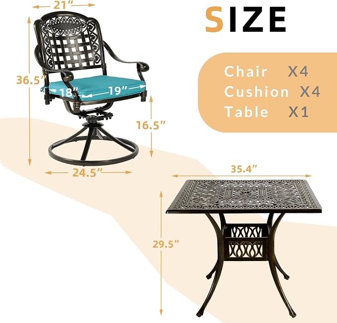 5 Piece Patio Dining Set, Outdoor Table and Chairs Set for 4 Cushioned Swivel Rocking Chairs and 35.4'' Square Table, All-Weather Cast Aluminum Patio Funiture Set, 2.2'' Umbrella Hole, Blue