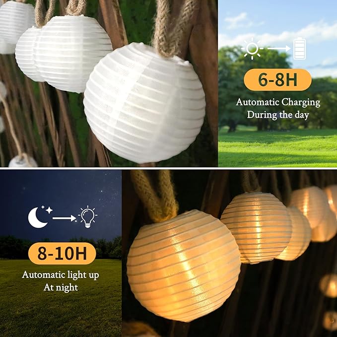 Outdoor Solar String Lantern Lights 30.7FT,Outdoor IP44 Waterproof 20 Lantern Added 1 Lantern Lights,8 Modes Solar Type-C Powered Patio Lights for Backyard Garden Cafe Bistro Party Decor