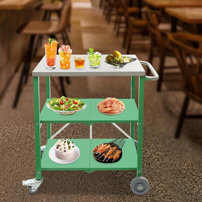 Foldable Outdoor Grill Table with 2 Total Lock Casters, Stainless Steel Pizza Oven Stand, 3 Shelf Folding Kitchen Island, Green, 27.6 x 18.5 (Silver, Green)