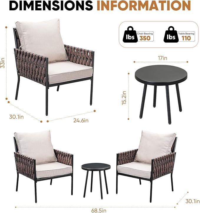 JOYURE 3-Piece Patio Furniture Set, Armchairs with Coffee Table,Modern Wicker Outdoor Conversation Set with Waterproof Thick Cushion for Deck,Backyard,Porch,Beige