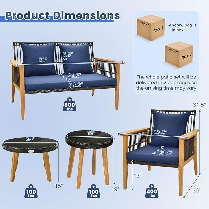 Tangkula 5 Piece Outdoor Conversation Set, Patiojoy Rattan Chair Set with 2 Coffee Tables, Stable Acacia Wood Frame, Cozy Seat & Back Cushions, Patio Wicker Furniture Set for Backyard, Poolside (Navy)