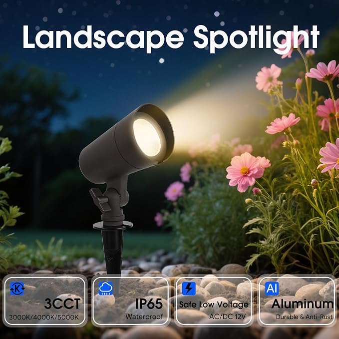 3CCT LED Landscape Lights with Connectors, 12V Low Voltage, 3000K/4000K/5000K Selectable, 3W, 200LM, Outdoor Waterproof Garden Pathway Lights Wall Tree Flag Spotlights with Spike Stand, 8 Pack