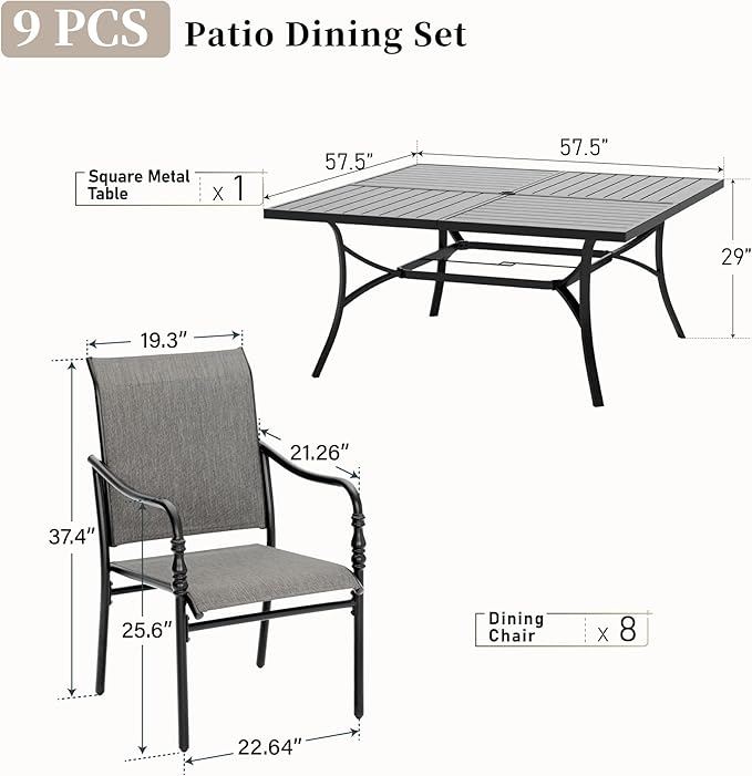MIXPATIO 9pc Patio Dining Set for 8, Outdoor Metal Table & Grey Chairs | Textilene chairs +57.5" square table with umbrella hole. Waterproof, stain-resistant & wipe-clean. Ideal for backyard, porch