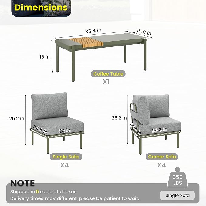 Sundale Outdoor 9 Pieces Patio Furniture Set, U-Shaped Outdoor Sectional Sofa with 6 Inch Olefin Cushion and Coffee Table, Modern Metal Outdoor Conversation Sets for Backyard, Poolside