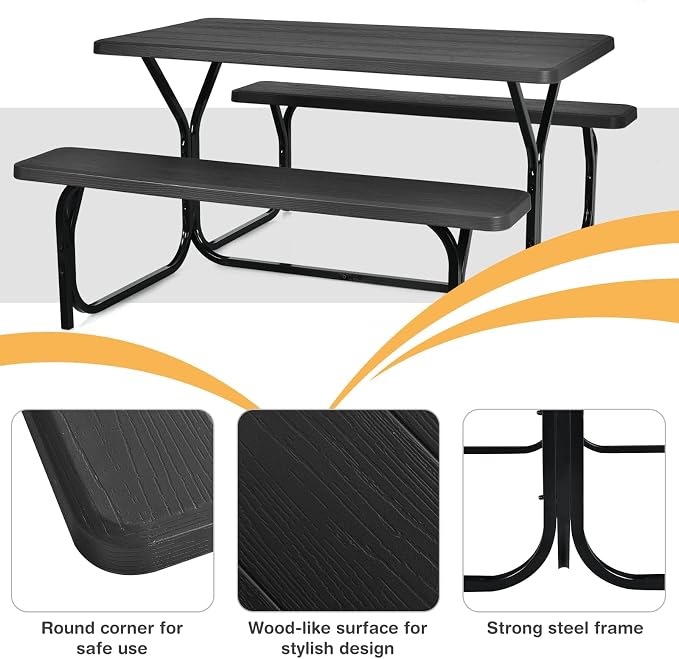 DORTALA Plastic Picnic Table for Outdoors, All Weather Faux Wood Patio Picnic Table Set with Benches for Outdoor, Cafeteria and Commercial, Black