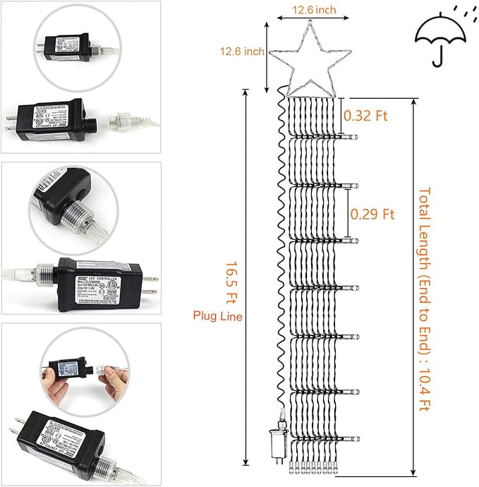 (New Christmas Decoration Lights, 320 LED Waterfall Christmas Tree Lights with 12" Star Topper, 8 Modes Indoor Outdoor String Lights for Yard, Party, Home, Holiday (Warm White)