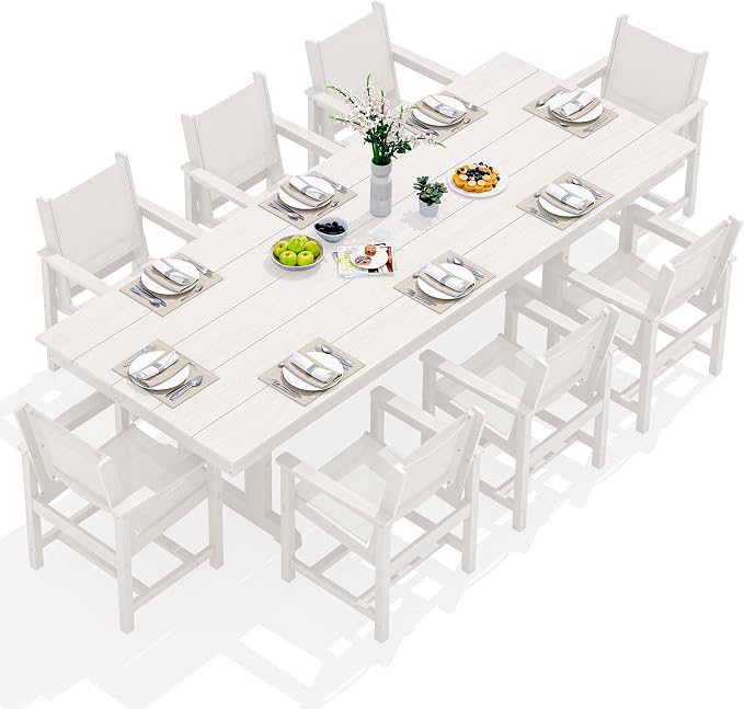SERWALL 9 Piece 84" HDPE Outdoor Dining Set for 8 with Textilene Chairs and Umbrella Hole, White