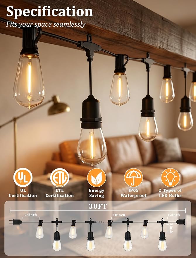 30FT Outdoor String Lights, Waterproof Patio Lights with 10 S14 & 9 ST38 LED Bulbs, Connectable Vintage Edison String Lights for Garden, Bistro, Backyard, Umbrella, Porch Decor - Black Wire