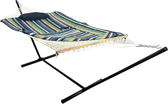 Sunnydaze Rope Double Hammock with Stand for Outside - Heavy Duty Freestanding Portable Outdoor Hammock Set with Quilted Pad, Pillow, and 12-Foot Steel Frame - 450 lb Capacity - Lakeview
