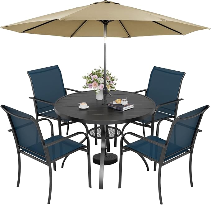 Incbruce 6 PCS Patio Dining Set with Brown Umbrella, Outdoor Dining Set of 4 Textilene Chairs and 41" Round Table with Umbrella Hole for Backyard, Garden, and Poolside (Blue)