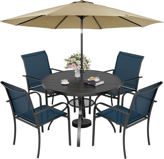 Incbruce 6 PCS Patio Dining Set with Brown Umbrella, Outdoor Dining Set of 4 Textilene Chairs and 41" Round Table with Umbrella Hole for Backyard, Garden, and Poolside (Blue)