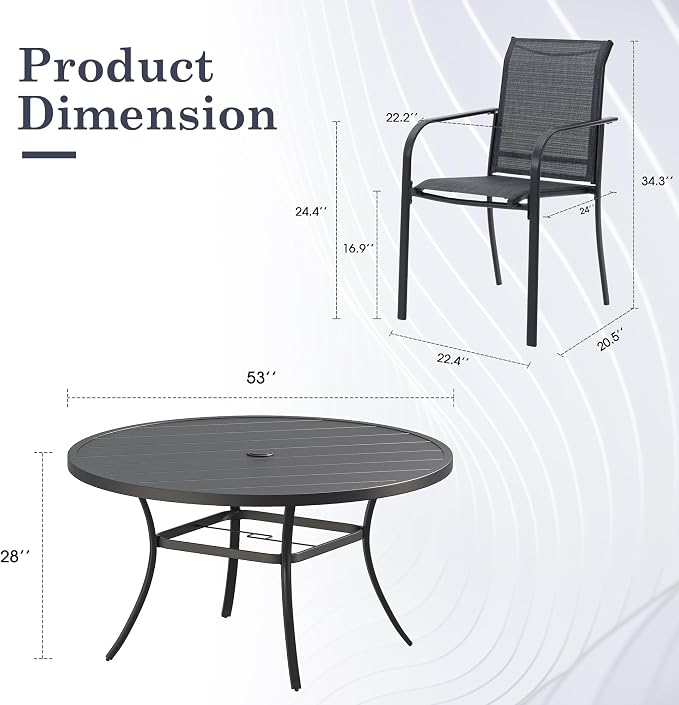 Patio Table and Chairs Set for 8, Outdoor Dining Set with 8 Stackable Dining Chairs and 53" x 53" Metal Slatted Round Dining Table for Porch, Deck, Lawn, Garden, Grey & Black