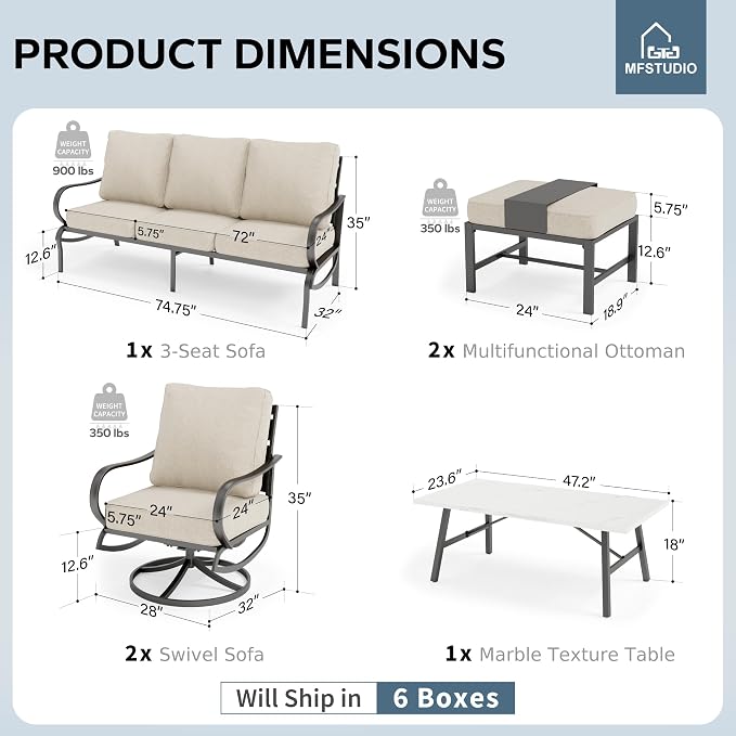 MFSTUDIO 6 Pieces Metal Patio Furniture Sets, 2 Swivel Chair, 1 Deep Seating 3-Seat Sofa, 2 Ottoman & 1 Marbling Coffee Table, All Weather 7 Seats Outdoor Conversation Set for Garden Backyard, Beige