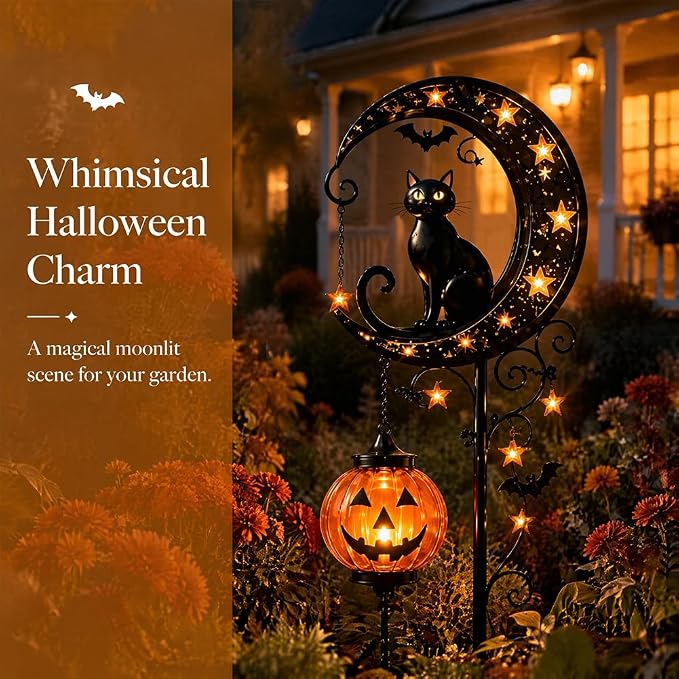 Solar Halloween Black Cat & Pumpkin Moon Garden Stake Light, Outdoor Waterproof LED Yard Decoration with Crescent Moon, Hanging Jack-o'-Lantern Lantern for Garden, Patio, Walkway, Porch (Style A B)